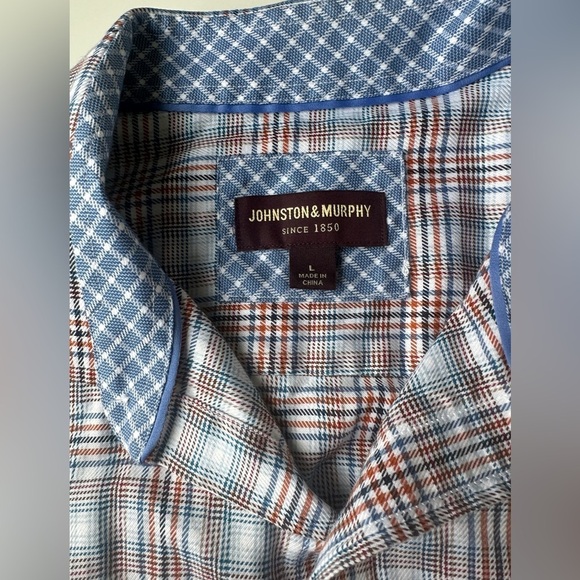 Johnston & Murphy Blue Red Plaid Soft 100% Cotton Button Up Shirt Men’s Large - Picture 2 of 7